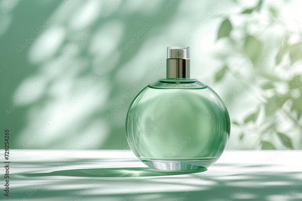 Bottle of perfume. Women's eau de parfum in a beautiful light green glass bottle on a soft green background. A fragrance for women. Perfume spray. Modern luxury eau de toilette. Copy space. Layout Bottle of perfume. Women's eau de parfum in a beautiful light green glass bottle on a soft green background. A fragrance for women. Perfume spray. Modern luxury eau de toilette. Copy space. Layout