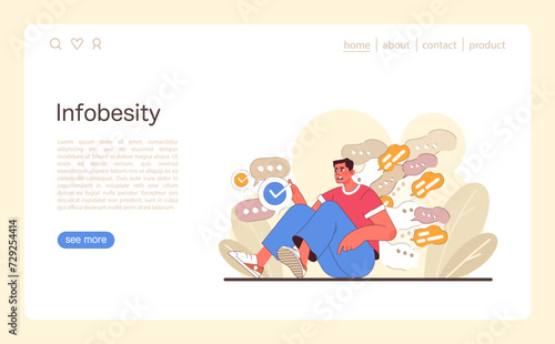 Infobesity concept. A person grappling with the stress of excessive data, illustrating the overwhelm of too much information. Challenges in managing digital consumption. Flat vector illustration
