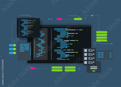 Software development and programming, program code on laptop screen, big data processing, computing isometric