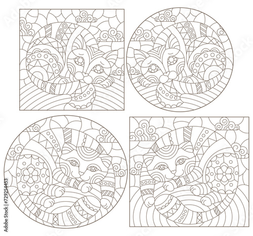 Set of outline illustrations in the style of stained glass with abstract cats , dark outlines on white background