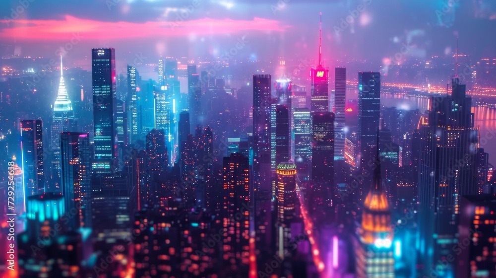 Obraz premium Luminous cityscape backdrop with bustling city lights, skyscrapers, and vibrant urban energy, perfect for a metropolitan vibe, Generative AI