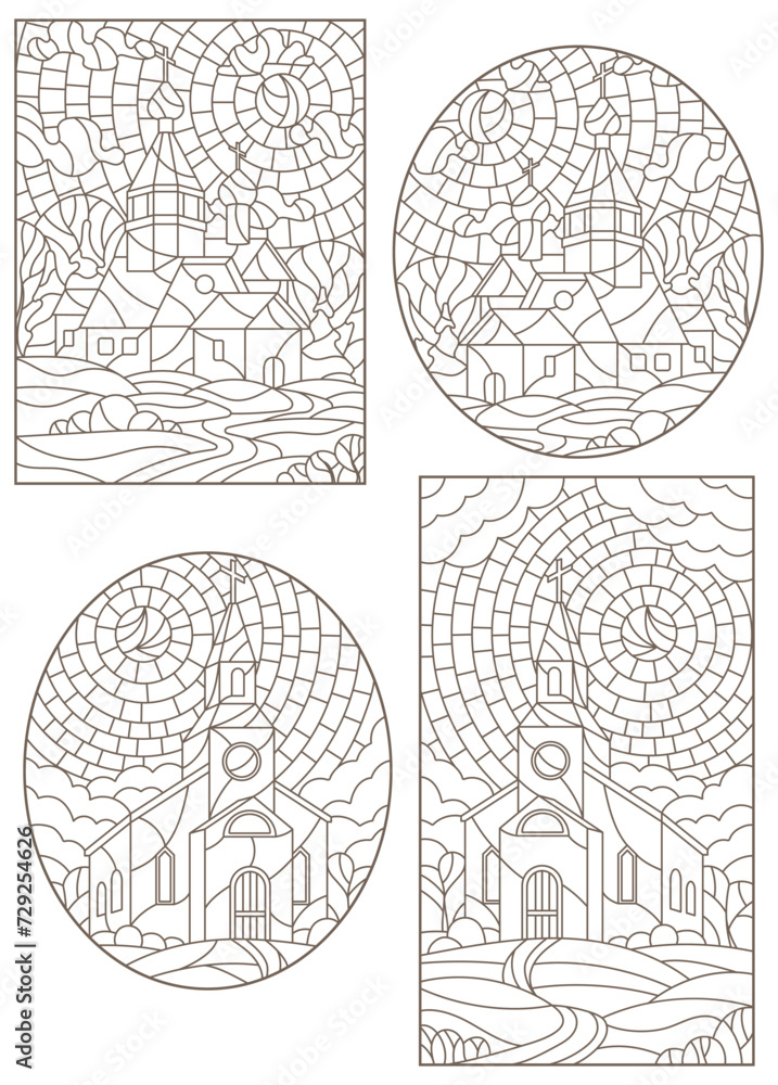 Set of contour illustrations in stained glass style with Christian churches on landscape background, dark contours on white background Set of contour illustrations in stained glass style with Christian churches on landscape background, dark contours on white background