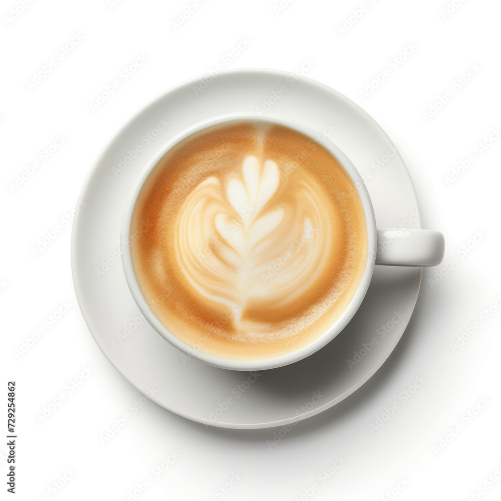 latte coffee in white cup isolated on white background. Top view latte coffee in white cup isolated on white background. Top view
