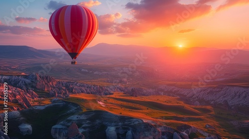 Majestic Turkish mountainscape aglow with the setting sun's warm colors, a grand hot air balloon floating gracefully Generative AI