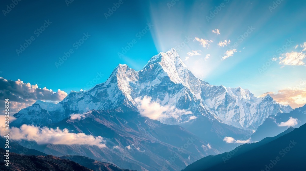 Majestic snow-capped mountain range under a clear blue sky, fluffy white clouds drifting above, sunrays illuminating the peaks, Generative AI - obrazy, fototapety, plakaty 