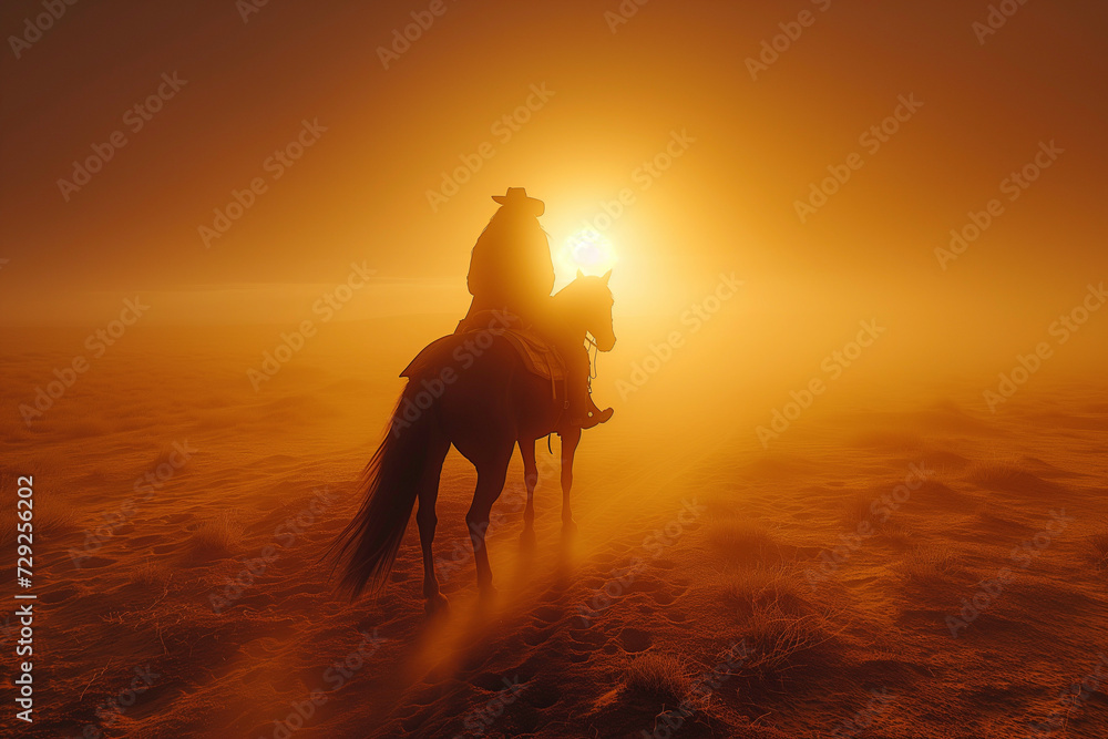 the silhouette of a cowboy on a horse in the dust