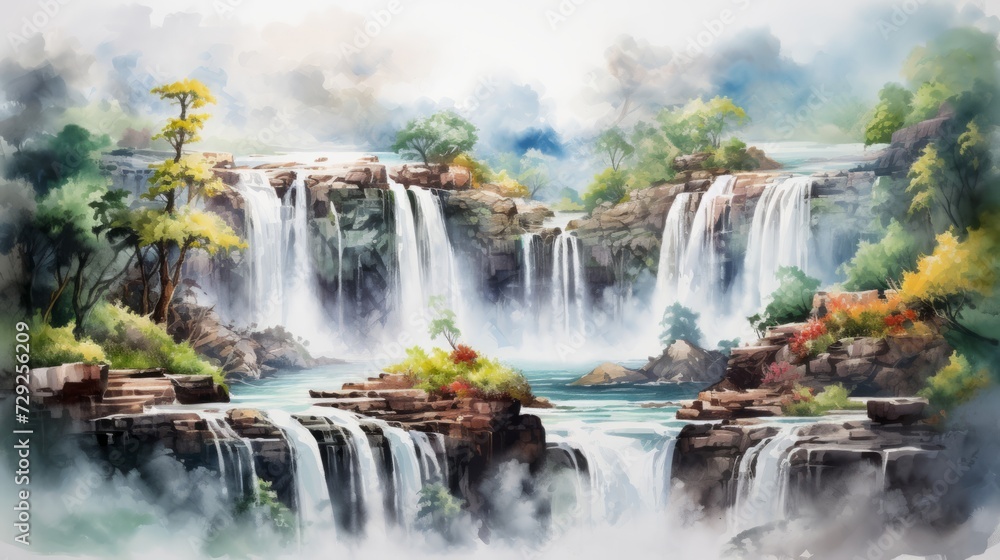 Obraz premium Majestic waterfalls cascading down cliffs. aquarelle Generative AI