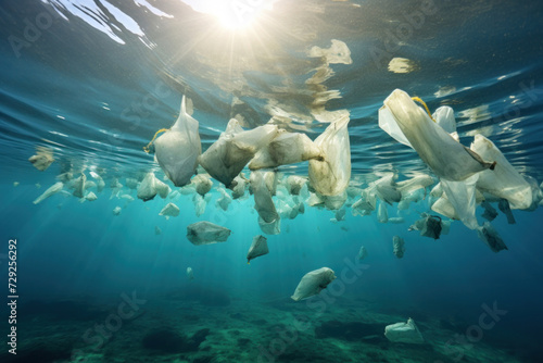 Plastic bags polluting the oceans and endangering marine life.
