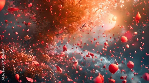 The tree of life floating in the air as it drops the red petals of its flowers