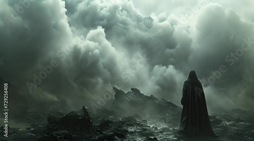 Wanderer standing on a rocky surface and a mysterious swirling fog closes up on him photo