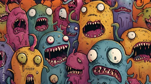 A group of angry and adorable colorful cartoon monsters photo