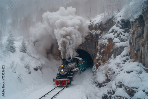 a train engine pulling carts down a snow covered track next to a cliff