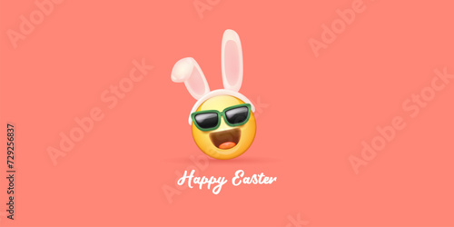 Happy easter funny horizontal banner with cartoon 3d smile face with rabbit ears and sunglasses isolated on pink background. Vector 3d square happy eater poster, flyer, banner, label and background