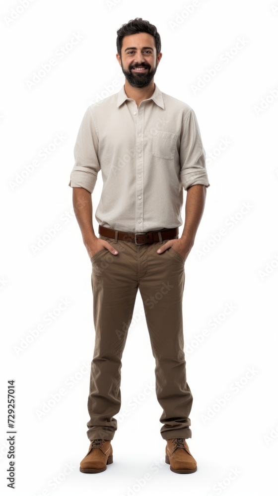 Middle-aged male delivery person with packages, gentle smile, professional posture, in full growth against a plain white background Generative AI Middle-aged male delivery person with packages, gentle smile, professional posture, in full growth against a plain white background Generative AI