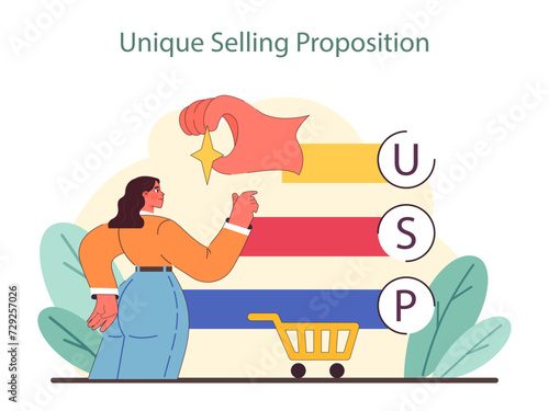 Unique Selling Proposition concept. Highlights the process of defining standout features in a competitive market. Essential for creating a compelling market offer. Flat vector illustration.