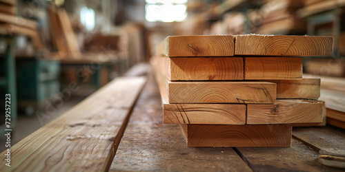 Wooden planks neatly stacked on workbench in a bustling woodworking studio