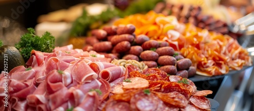 Gourmet European cold cuts and sausages displayed on a buffet table.