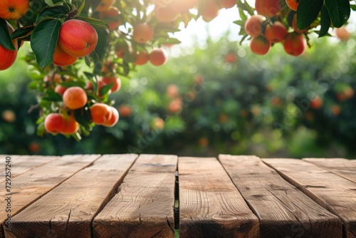 An empty wooden table on a blurred background of an apple orchard. a mockup for your product outdoors.