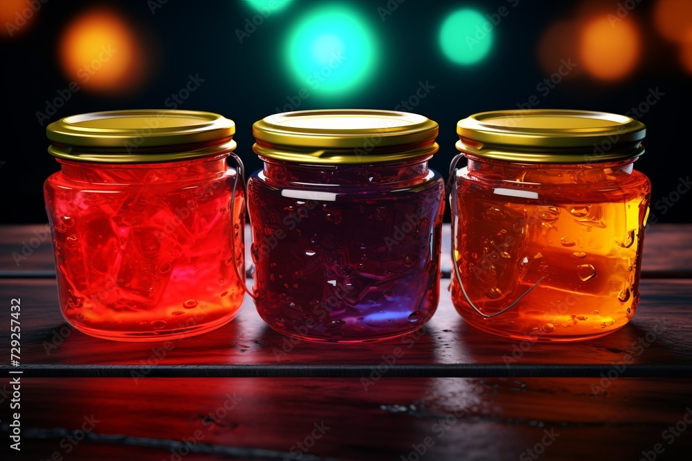 glass jars with jelly in a row on the table. dessert, food, treats. glass jars with jelly in a row on the table. dessert, food, treats.