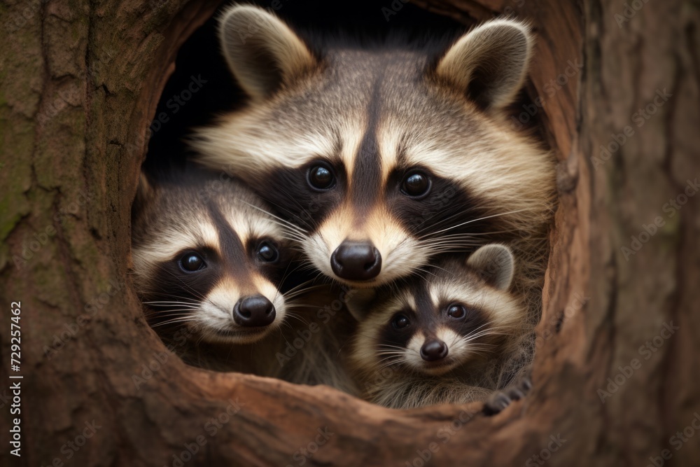 mother raccoon with her young ones , cuddled together. motherhood in animals, family, brood.