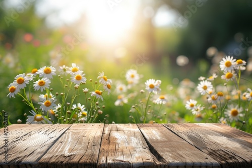 an empty wooden table with a background of blooming chamomile. display your product outdoors. mockup.