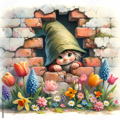 Cute gnome peeking out of a hole in a brick wall, spring flowers background, cute children's watercolor digital illustration © Svetlanakras