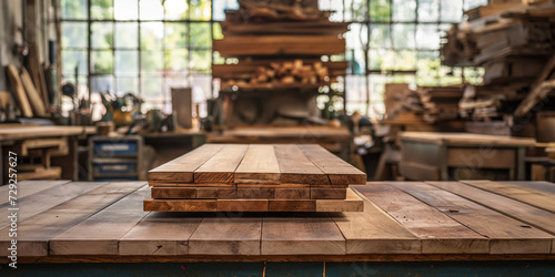 Wooden planks neatly stacked on workbench in a bustling woodworking studio photo