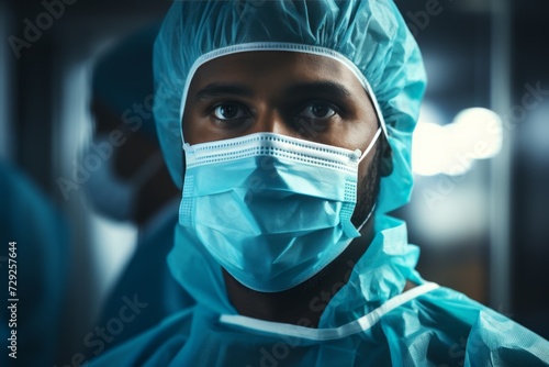 A doctor in medical clothes and a mask stands in the operating room.