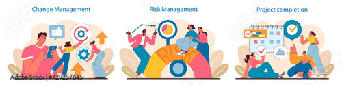 Project lifecycle set. Adaptive strategies in change management, proactive risk assessment, and celebratory project completion. Essential phases for IT project success. Flat vector illustration. photo