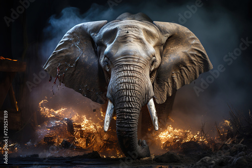 An elephant emerges from the screen with sparks of a modern TV. Generated by artificial intelligence © Vovmar