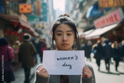 Wallpaper Mural woman with a sign in her hands with a written text, Women day Torontodigital.ca