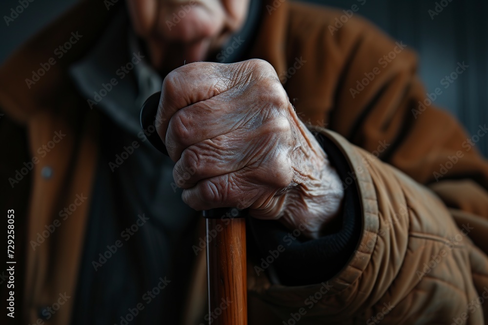 the hands of an elderly man using a cane
