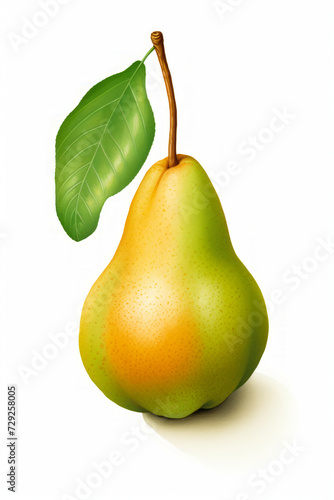 Pear with green leaf on white background with shadow.