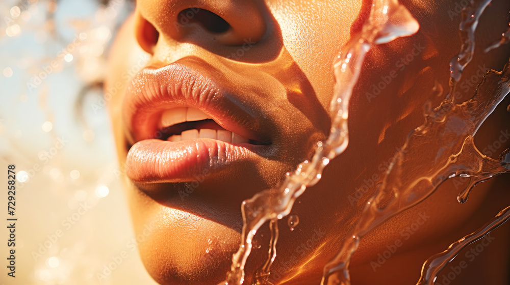 Close up of a wet perfect skin of beautiful girl. Light colour palette. Natural beauty concept. Generative AI