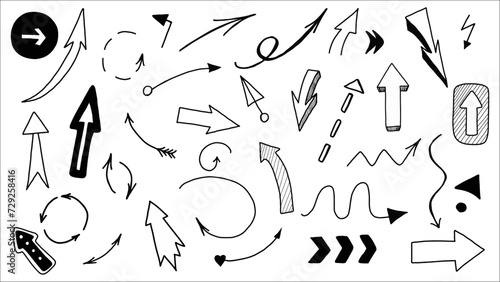 Collection of Hand-Drawn Arrows and Doodles on White Background Illustrating Various Directions and Movements