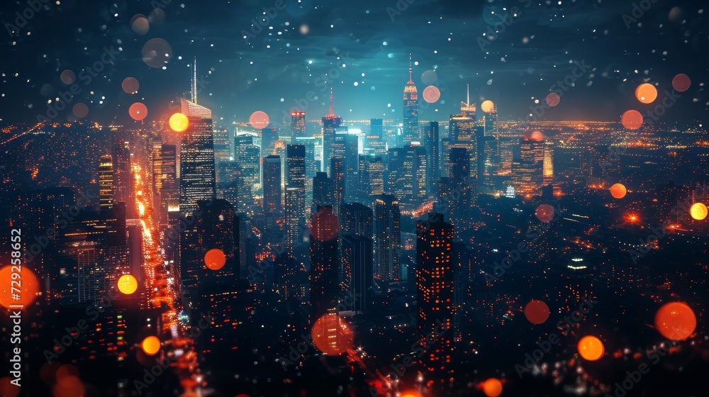 Fototapeta premium Nighttime cityscape event background, skyline view, city lights, and skyscrapers, creates an urban and vibrant atmosphere Generative AI