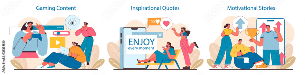 Dynamic Social Media Content set. Interactive gaming streams, life-affirming quotes, and empowering stories. Digital inspirations for play, positivity, and personal growth. Flat vector illustration.