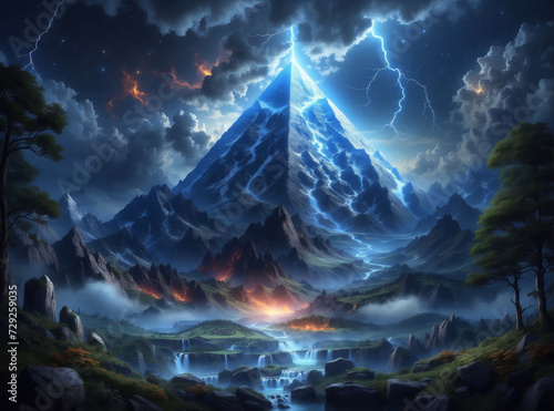 A blue pyramid in an epic landscape