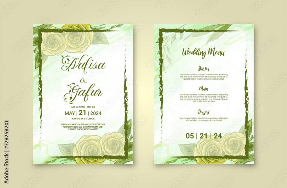 Beautiful wedding invitation card with rose flower watercolor background. Abstract floral invitation template
