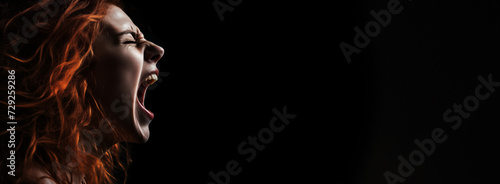 Woman screaming on a black background