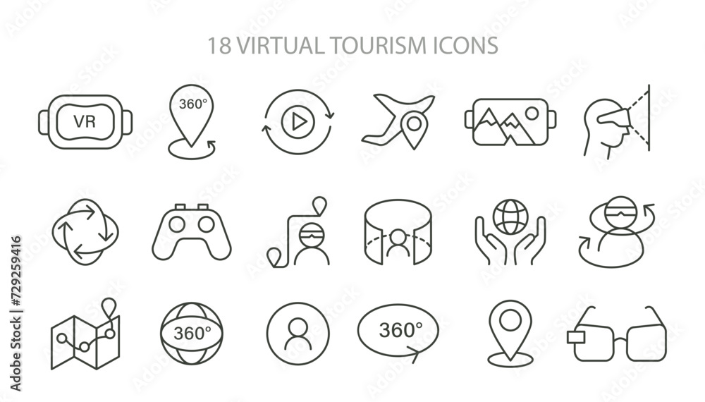 Comprehensive set of Virtual Tourism icons, capturing the essence of VR, 360-degree views, and navigation in digital exploration. Vector illustration.