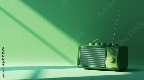 Green retro style radio on light green background with shadows. Copy space. Vintage communication concept. Generative AI