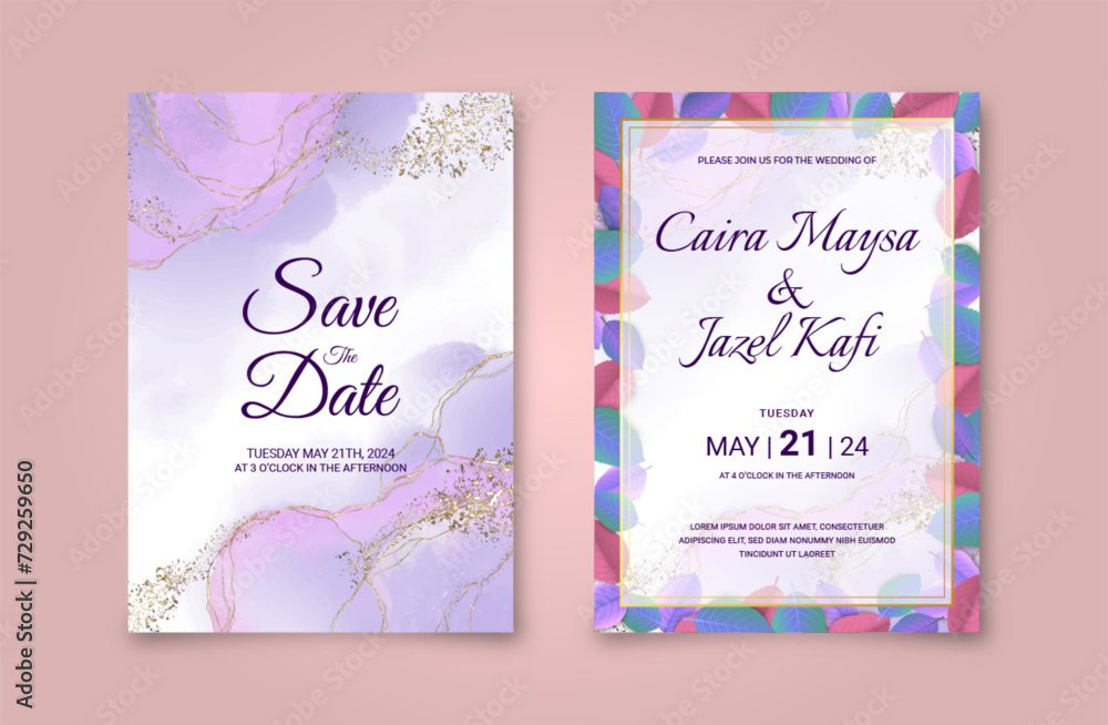 Beautiful wedding invitation card with abstract watercolor background, golden line art, and leaves. Luxury pink and purple marble background