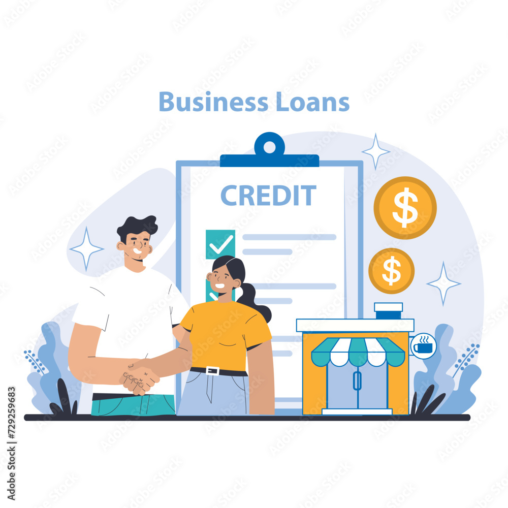 Business Loans Concept. Empowering entrepreneurs with financial support for growth. Streamlined credit approval for business ventures. Flat vector illustration.