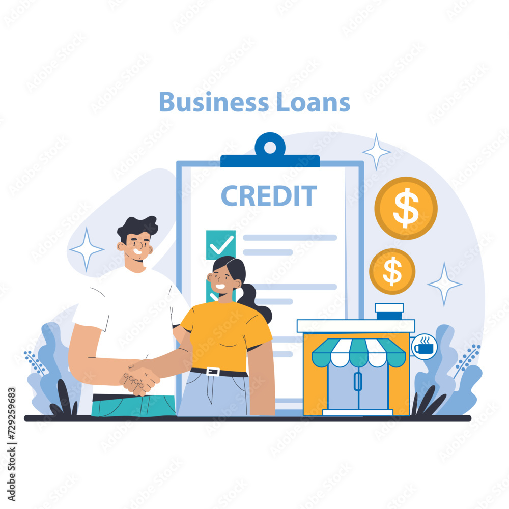 Business Loans Concept. Empowering entrepreneurs with financial support for growth. Streamlined credit approval for business ventures. Flat vector illustration. Business Loans Concept. Empowering entrepreneurs with financial support for growth. Streamlined credit approval for business ventures. Flat vector illustration.
