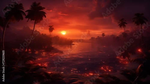 Overhead shot showcasing the splendor of a serene island chain during sunset, with palm trees silhouetted against the fiery sky, creating a magical and captivating scene. Generative AI