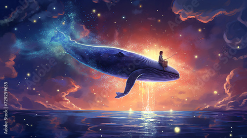 A boy riding a whale