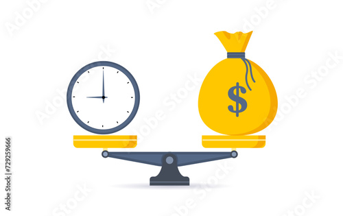 Time is money. Clock and dollar bag a balance scale. Financial concept .Time value of money asset growth over time depicts investment in long-term equity. Vector