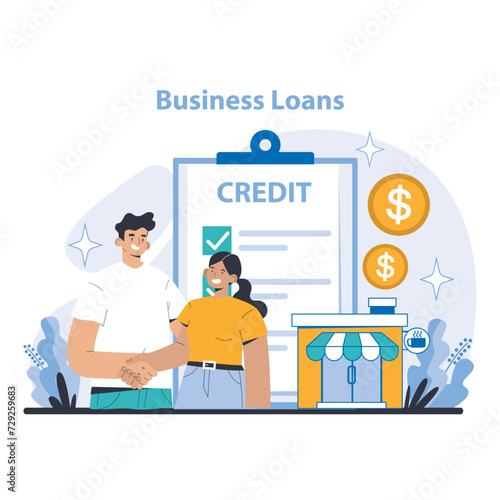 Business Loans Concept. Empowering entrepreneurs with financial support for growth. Streamlined credit approval for business ventures. Flat vector illustration.