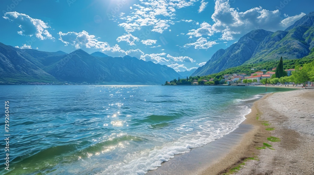 Photo capturing the beauty of the Bay of Kotor on a clear day, fluffy clouds adorning the blue sky, sunlight illuminating the waves, and the stony shore bordered by lush mountains Generative AI
